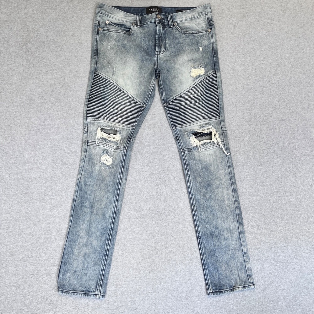 Pacsun Jeans Mens 31X32 Blue Stacked Skinny Mid Rise Faded Ripped Denim